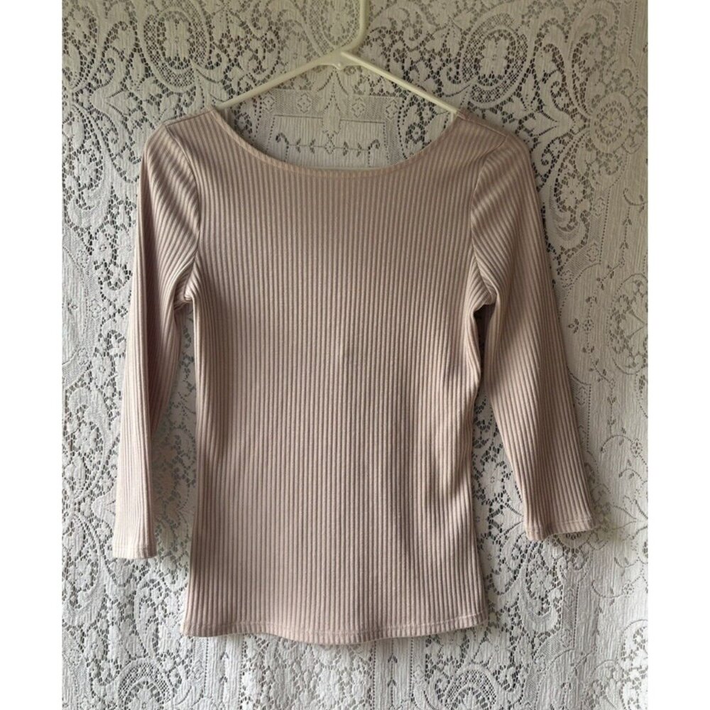 GUESS Pink Ribbed Open Back Top Medium Y2K Stretch Knit 3/4 Sleeve‎
